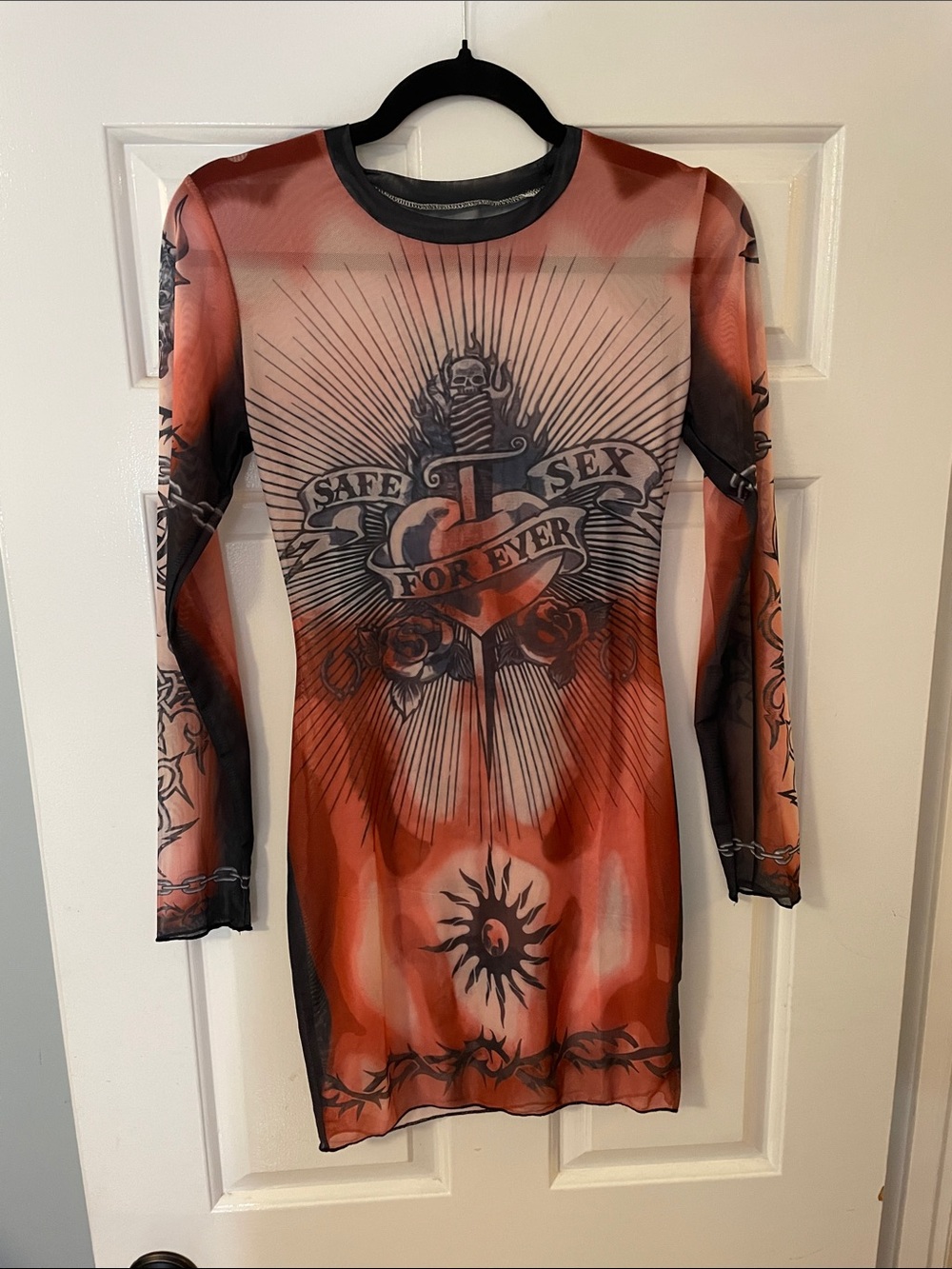 Graphic Mesh Tattoo-Inspired Long Sleeve Mini Dress - Red/Black NWOT